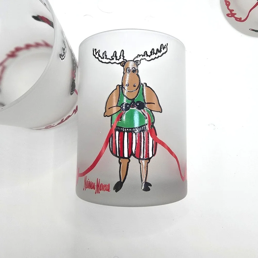 1991 VTG Neiman Marcus Knitting Reindeer Moose‎ Christmas Lowball Glasses Set-3